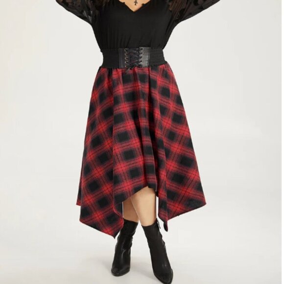 BloomChic Cotton Plaid Pocket Hanky Hem Woven Skirt L us 12 - Picture 1 of 5